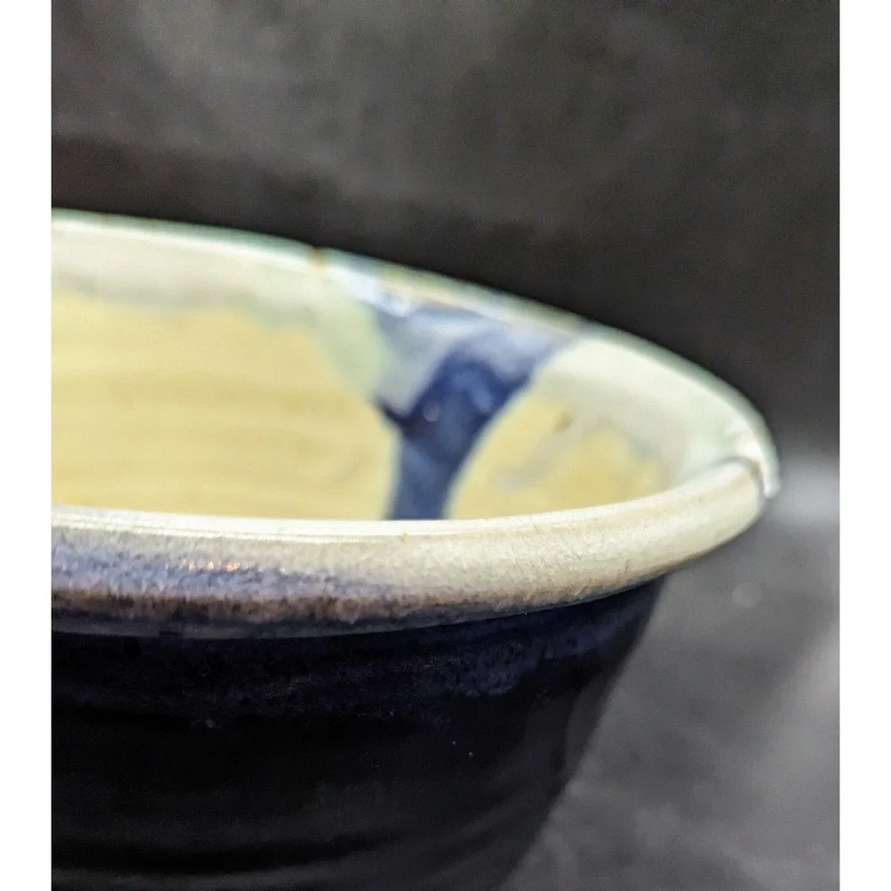 Vintage Handmade Studio Art Pottery Blue Drip Glaze Decorative Bowl Signed 7.5